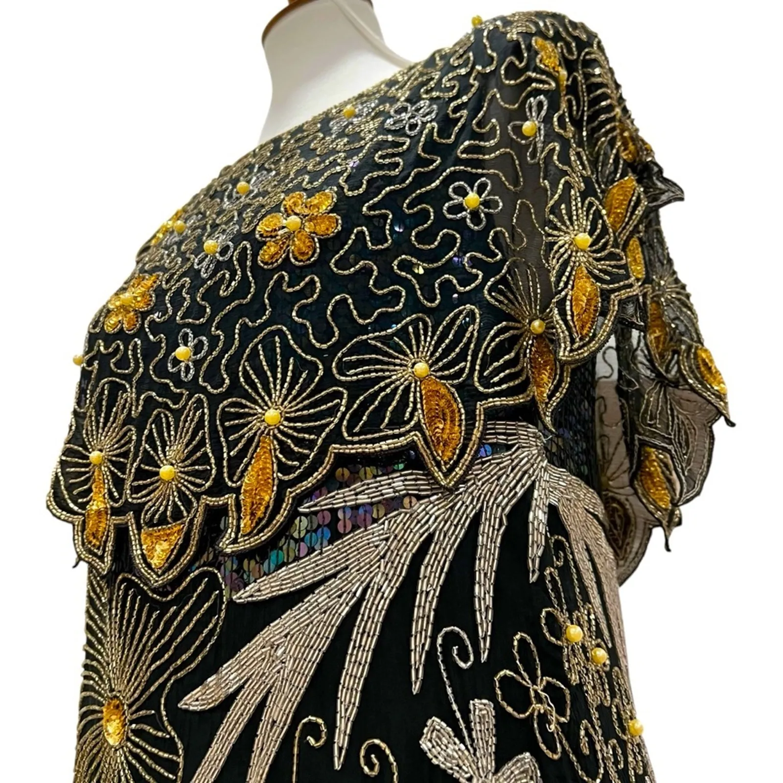 Vintage Dress Small Formal Cocktail Dress Silk Midi Art Deco 80s 20s RARE Beaded Black - Image 3