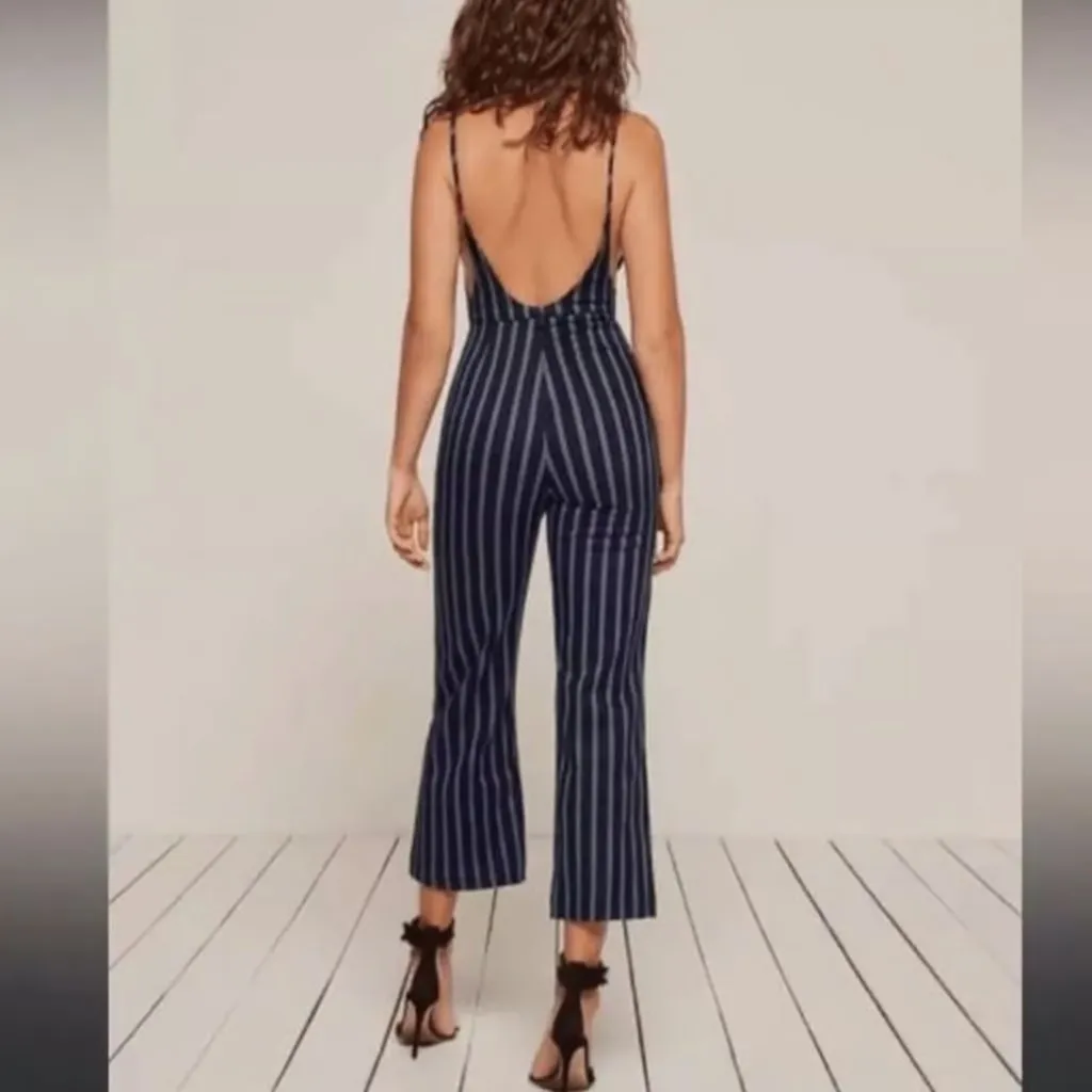 Reformation Guatemala Navy Blue Stripe Cropped Jumpsuit 8 - Image 2