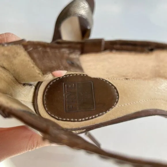 Frye Brown Leather Metallic Wedge‎ Zip Up Backs Sandals Ankle Strap Size 7.5M - Image 7