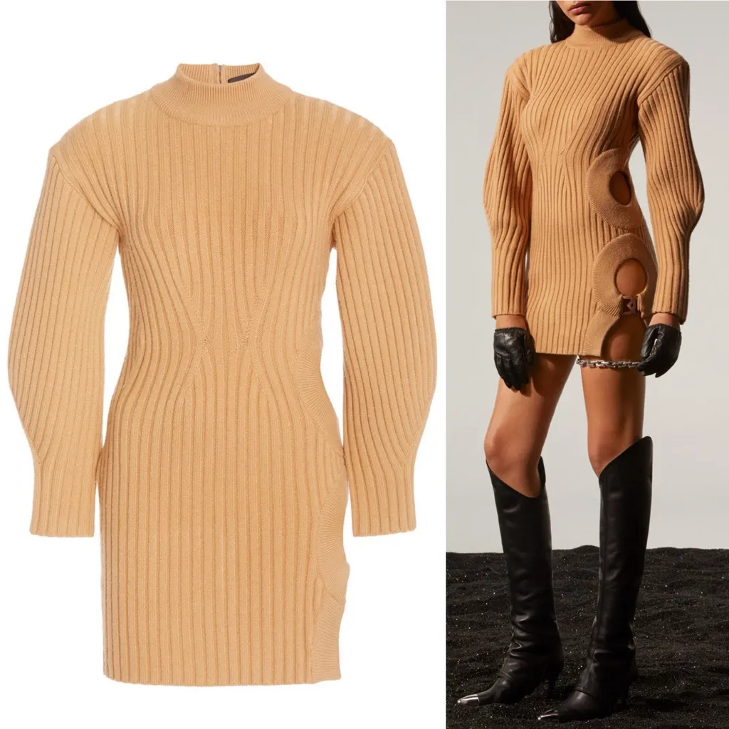David Koma Camel Side Cutout Ribbed Knit Mini Dress Tan Size M - Image 5