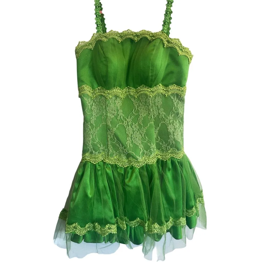 Handmade Women's Size 2 Bright Green Embroidered Mini Dress Cottagecore Fairy - Image 3