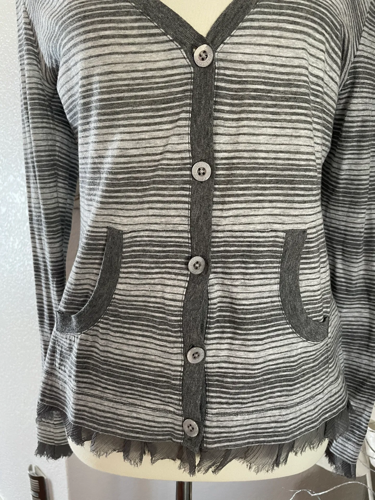 Gray Stripe V Neck Cardigan - Image 4