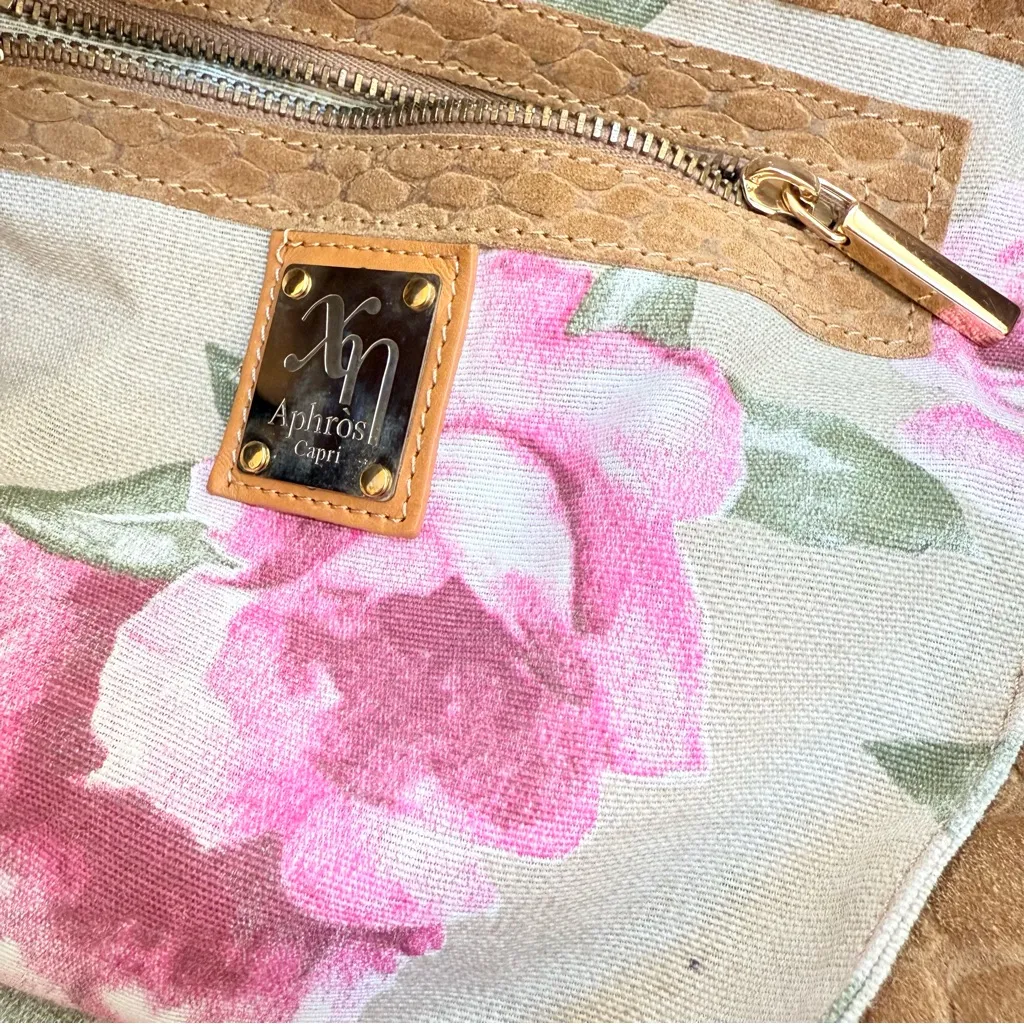 Rare Aphros Capri Suede Python Print Textured Tan Shoulder Tote Hobo - Image 6