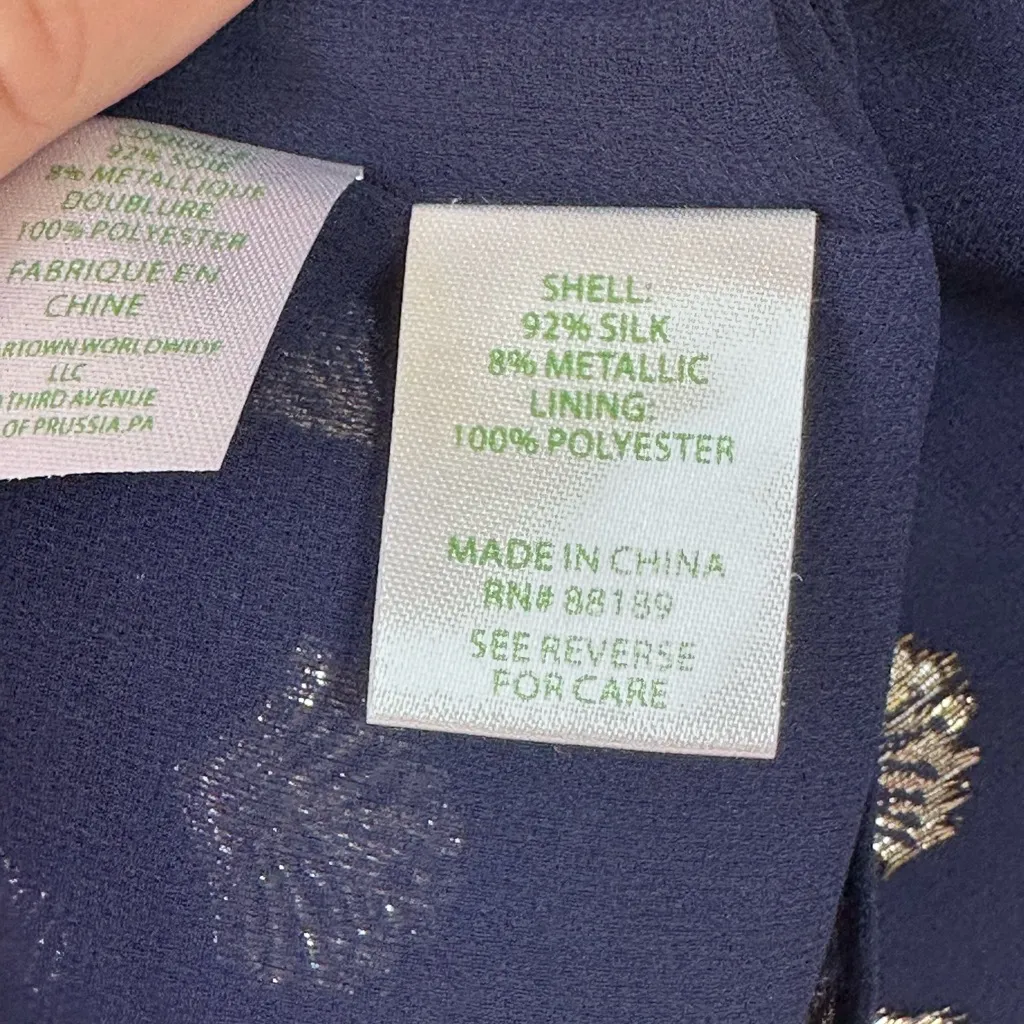 Lilly Pulitzer Giana Silk Top Navy and Gold V Neck Balloon Puff Long Sleeve SZ S - Image 5