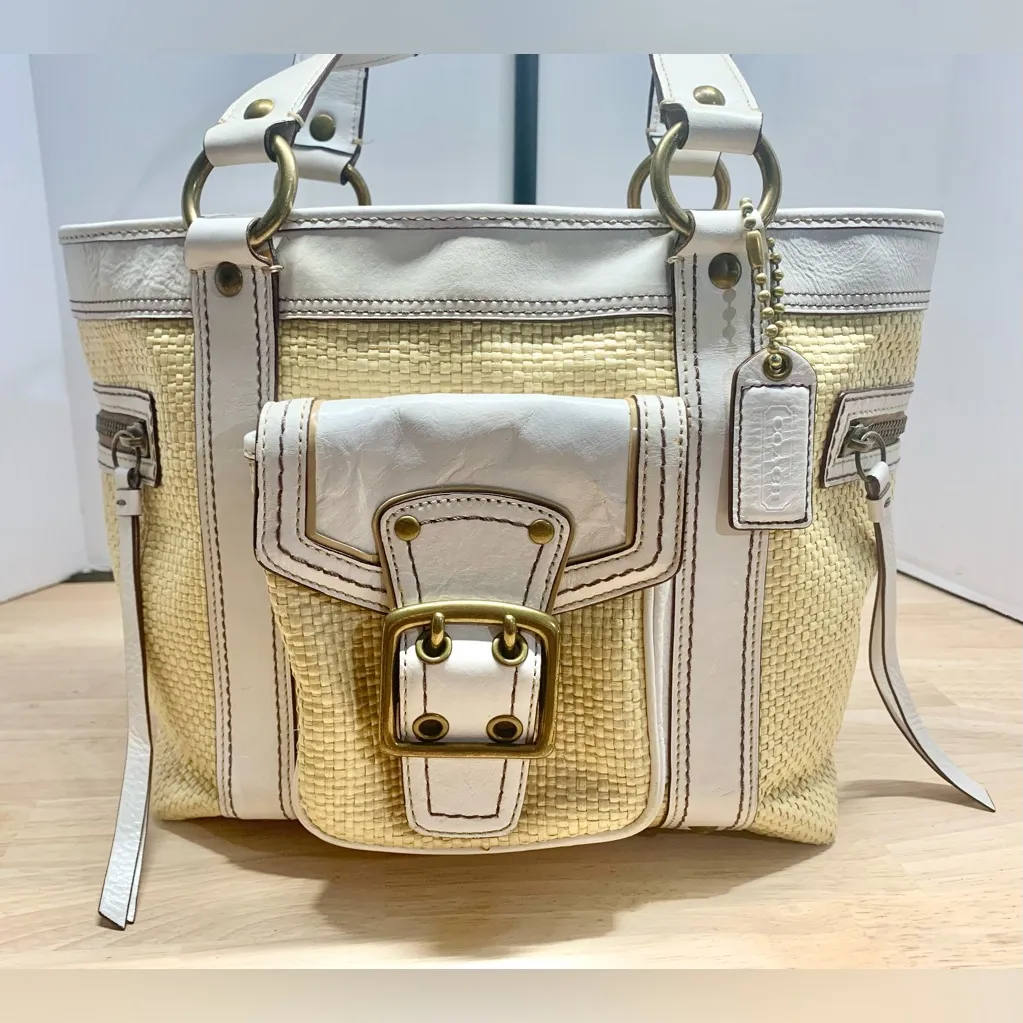 Coach Legacy White Leather Woven Straw Rattan Tote Satchel Vintage Y2K - Image 4