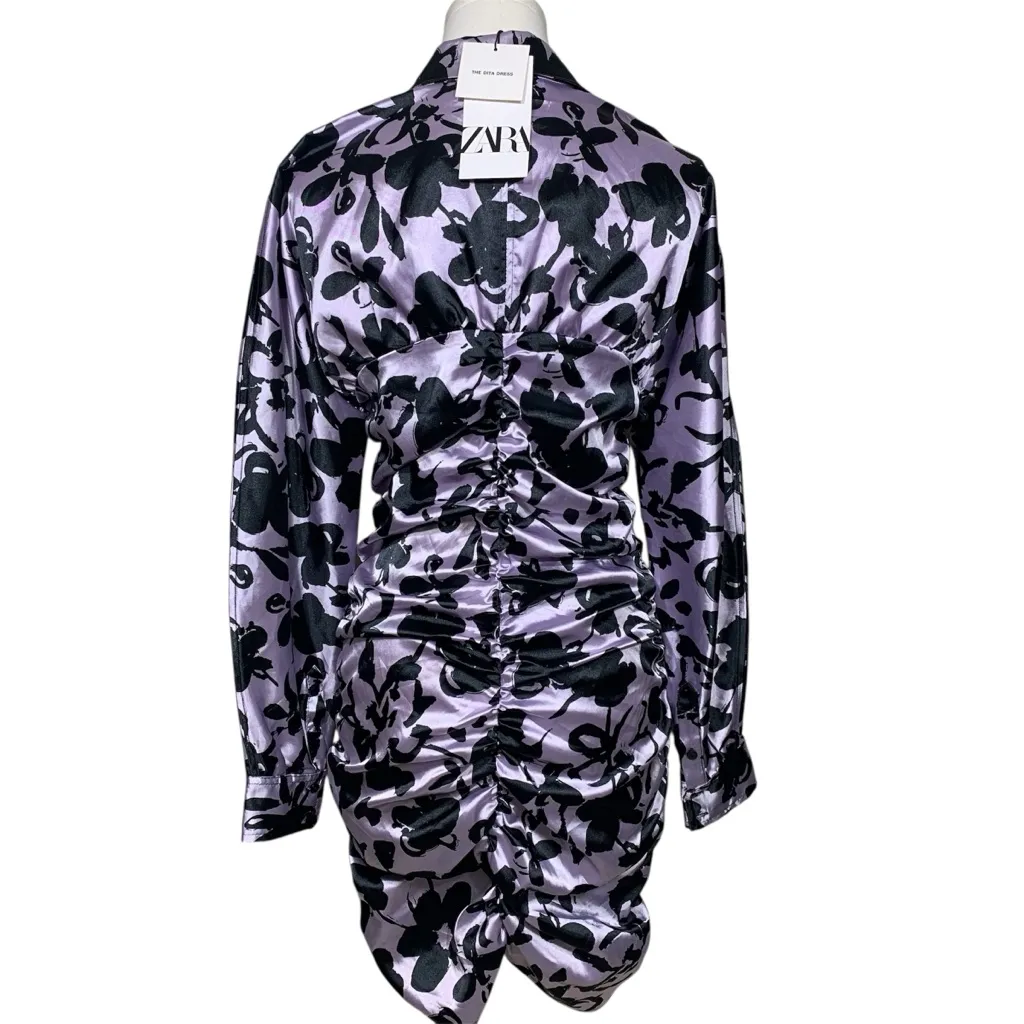 ZARA Satin Ruched Shirt Dress Size M Purple Black Floral Long Sleeve Mini NWT Size M - Image 5