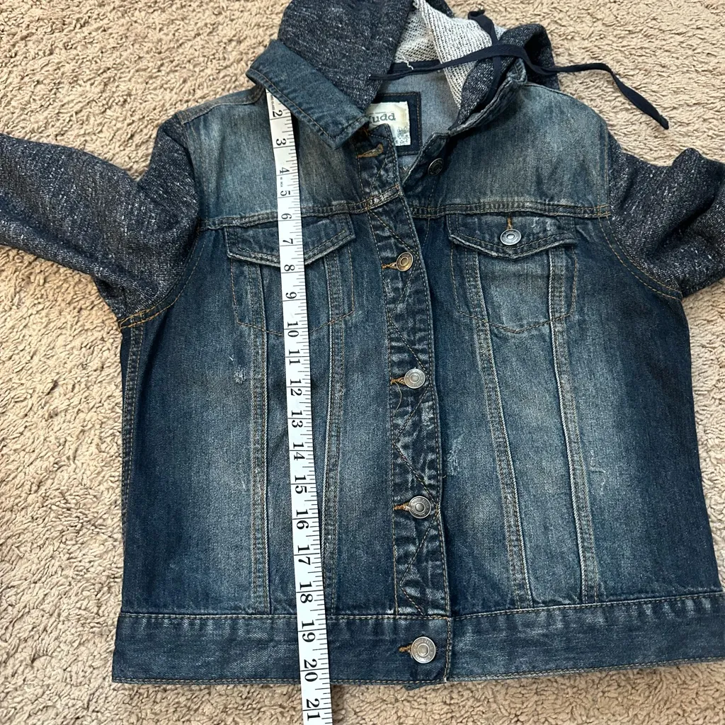 MUDD Denim Jacket Womens M Trucker Sweater Sleeves Hoodie Dark Wash Distressed - Image 8