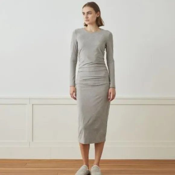 James Perse Los Angeles Classic Gray Stretch Velvet Ruched Midi Dress Size 3 - Image 12