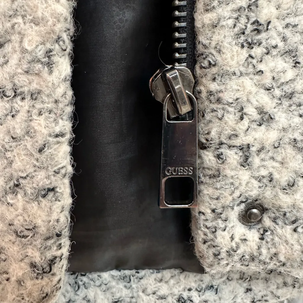 GUESS Y2K Women's Speckled Cream & Black Wool Teddy Coat Jacket Heavy Size L - Image 6