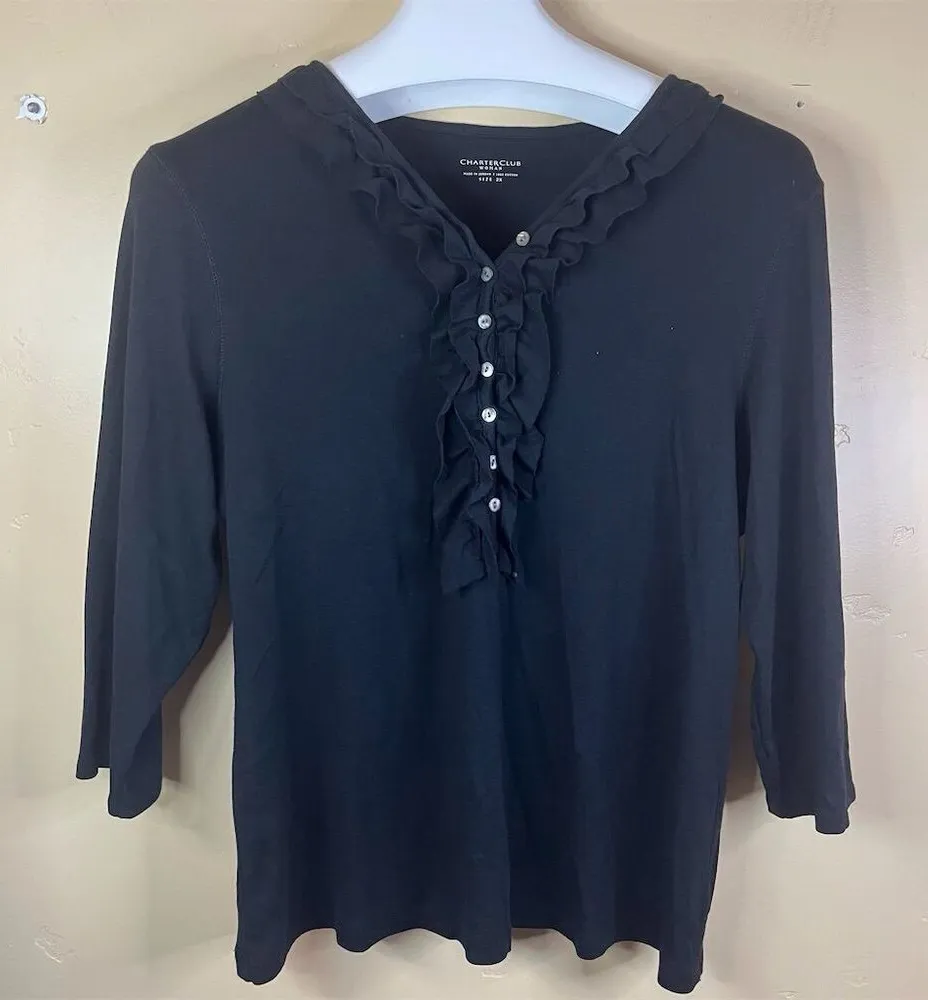 Charter Club Womens Size 2X Black Ruffle Long Sleeve Blouse Button Down Top - Image 1
