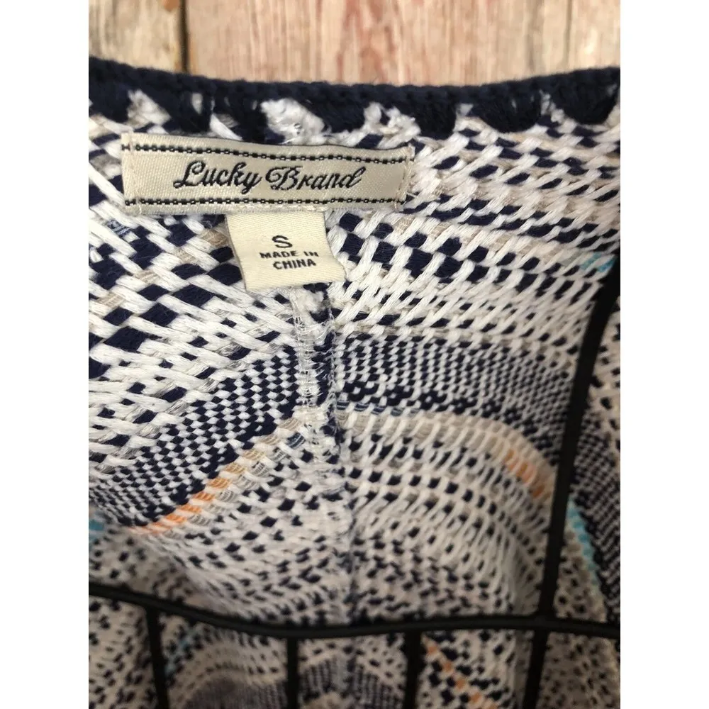 Lucky Brand Navy Blue White Mixed Print Fringe Open Cardigan Sweater S - Image 4