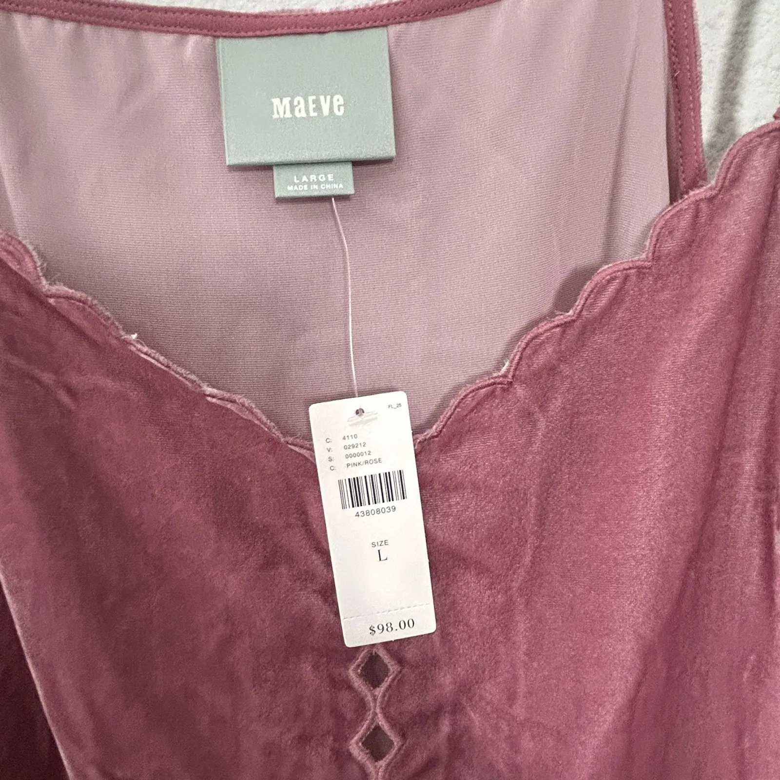 NEW Anthropologie Maeve Womens Dusty Rose Velvet Tank Top Scalloped Edge Large - Image 9