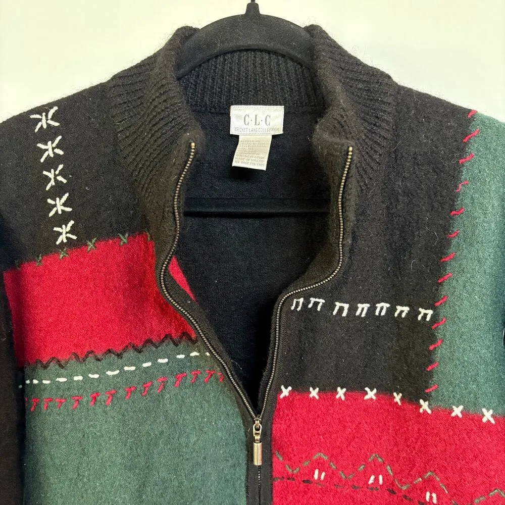 Vtg 90's Wool Patchwork Jacket Boxy Zip Up Grandma Sweater Black Embroidered XL - Image 5