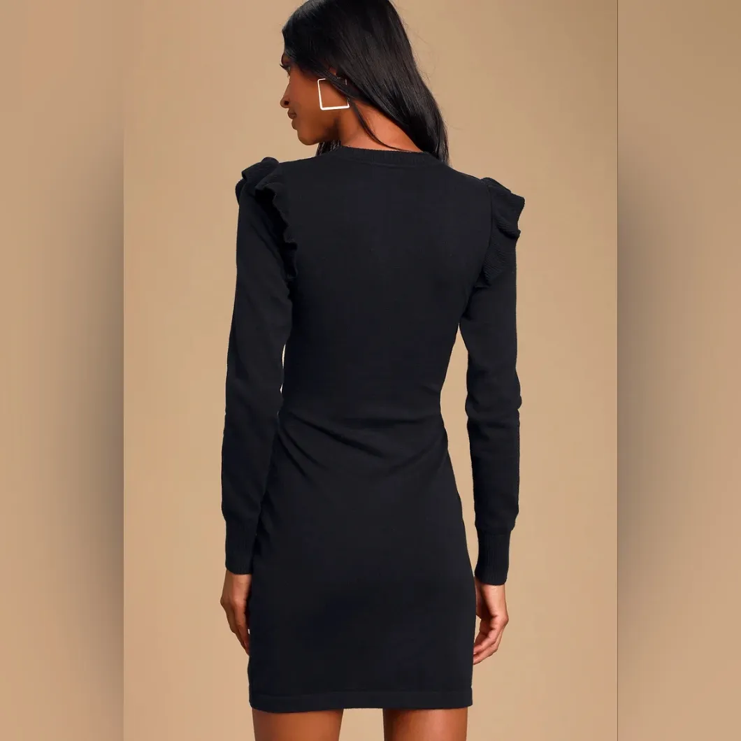 Women's Lulus Sweater Weather Black Ruffled Long Sleeve Sweater Dress Size XS - Image 4