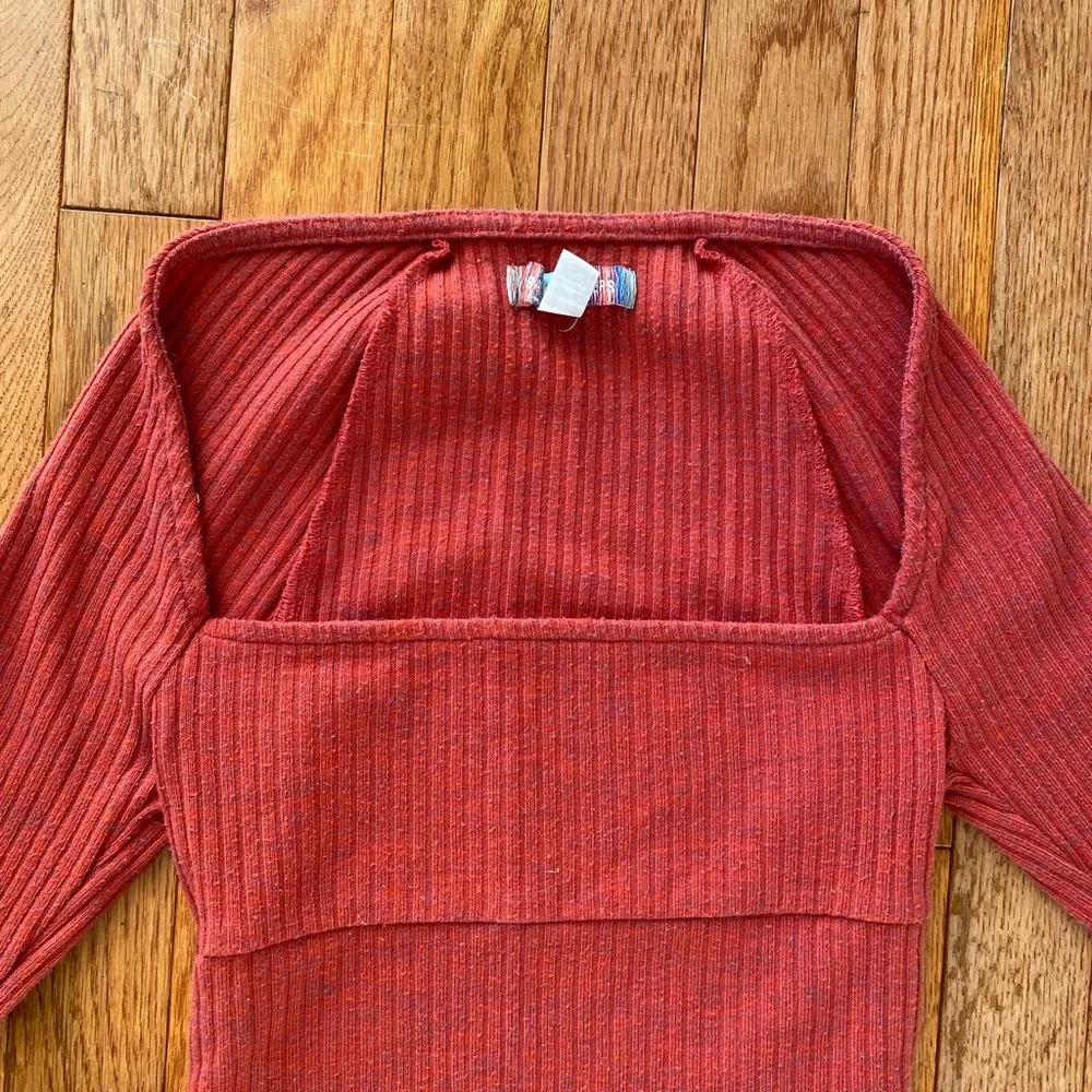 berry red ribbed square neck long sleeve top - Image 2