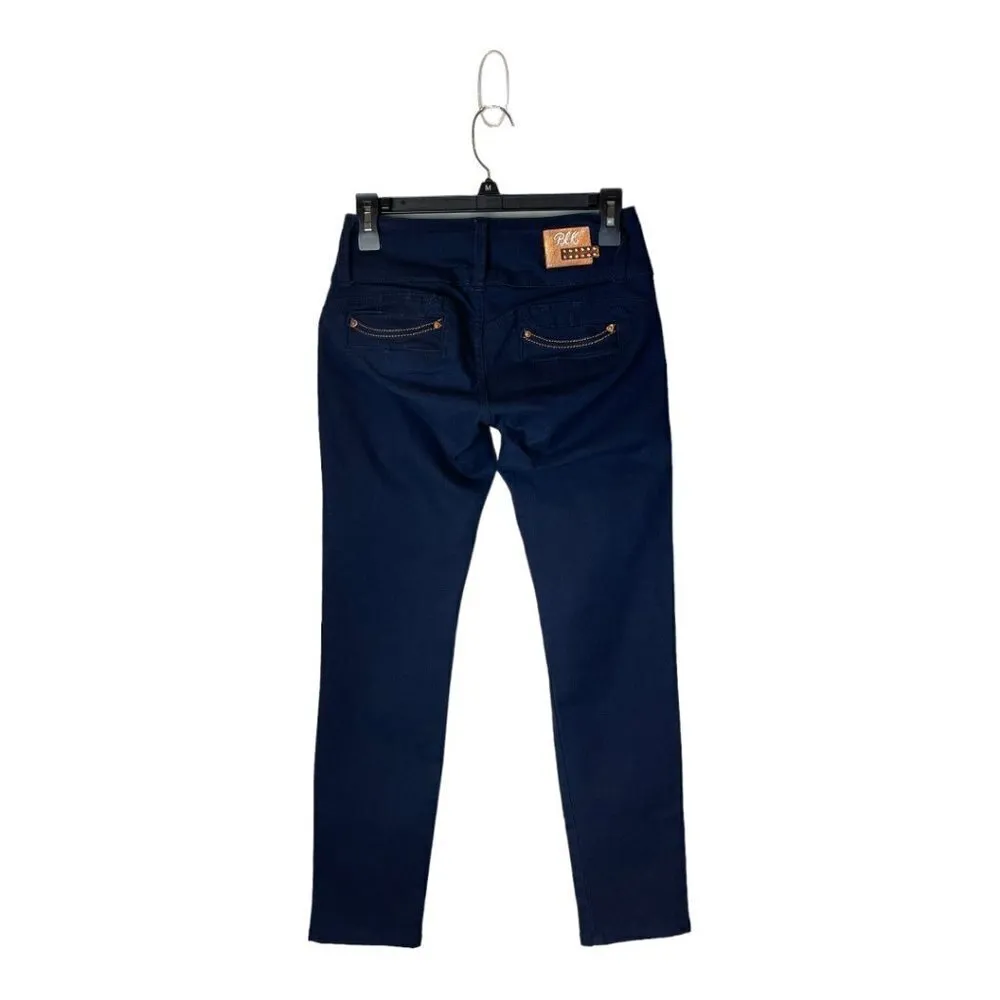 BLK DNM‎ Blue Dark Wash Jeweled Button Wide Waistband Slim Jeans Size 28 - Image 2