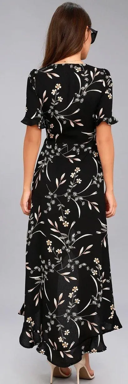  Wild Winds Black Floral Print High-Low Wrap Dress - Image 3