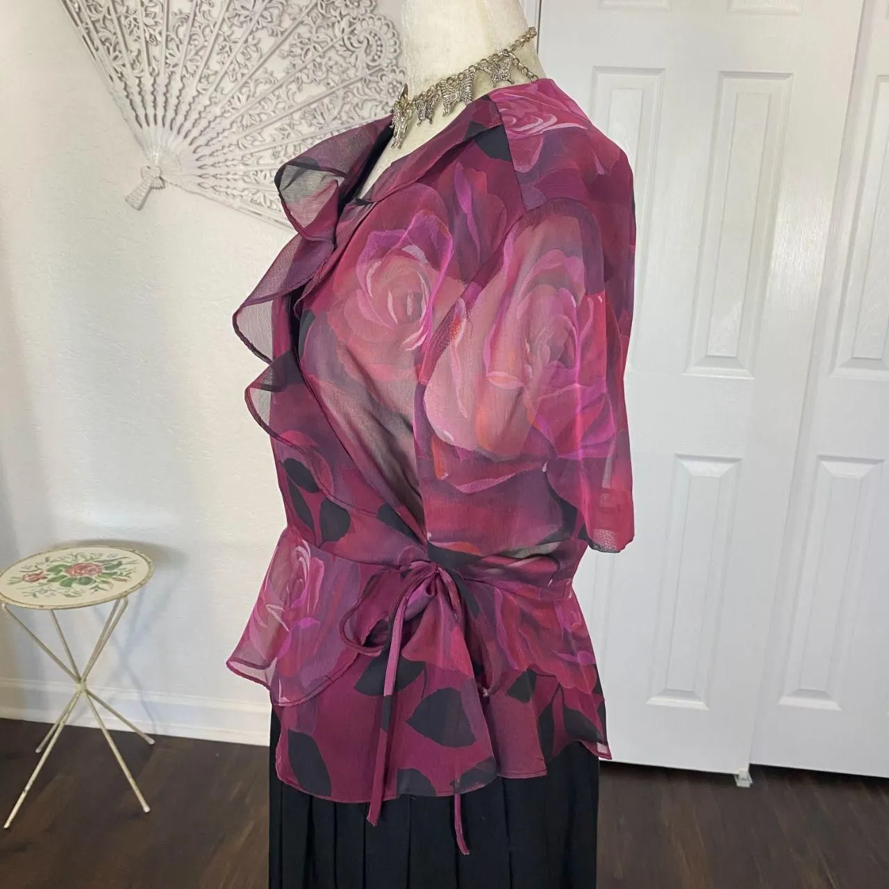 Vintage Whimsygoth Frilly Ruffle Rose Sheer Purple Black Mesh Wrap Top Blouse L Size 12P - Image 3