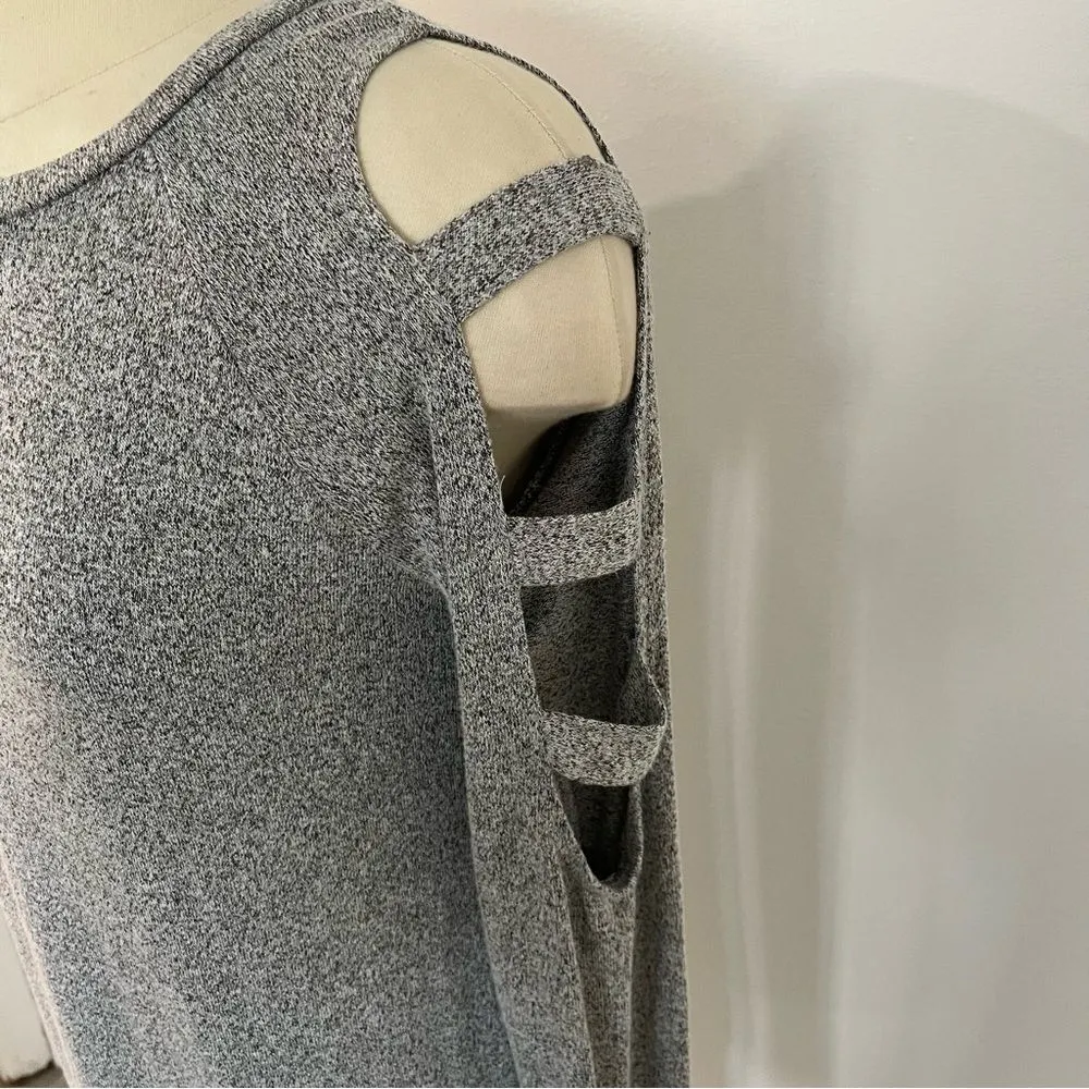 Promesa Heather Grey Brushed Knit Cold Shoulder Ladder Cut Out Long Sleeve Top - Image 5