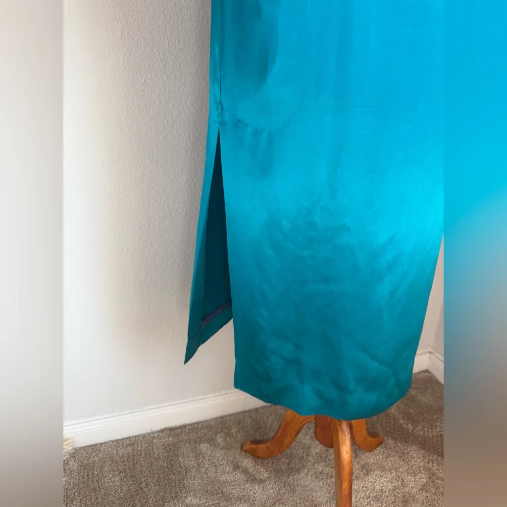 Handmade Teal Silk High Neck Maxi Shift Dress Blue Size M - Image 5