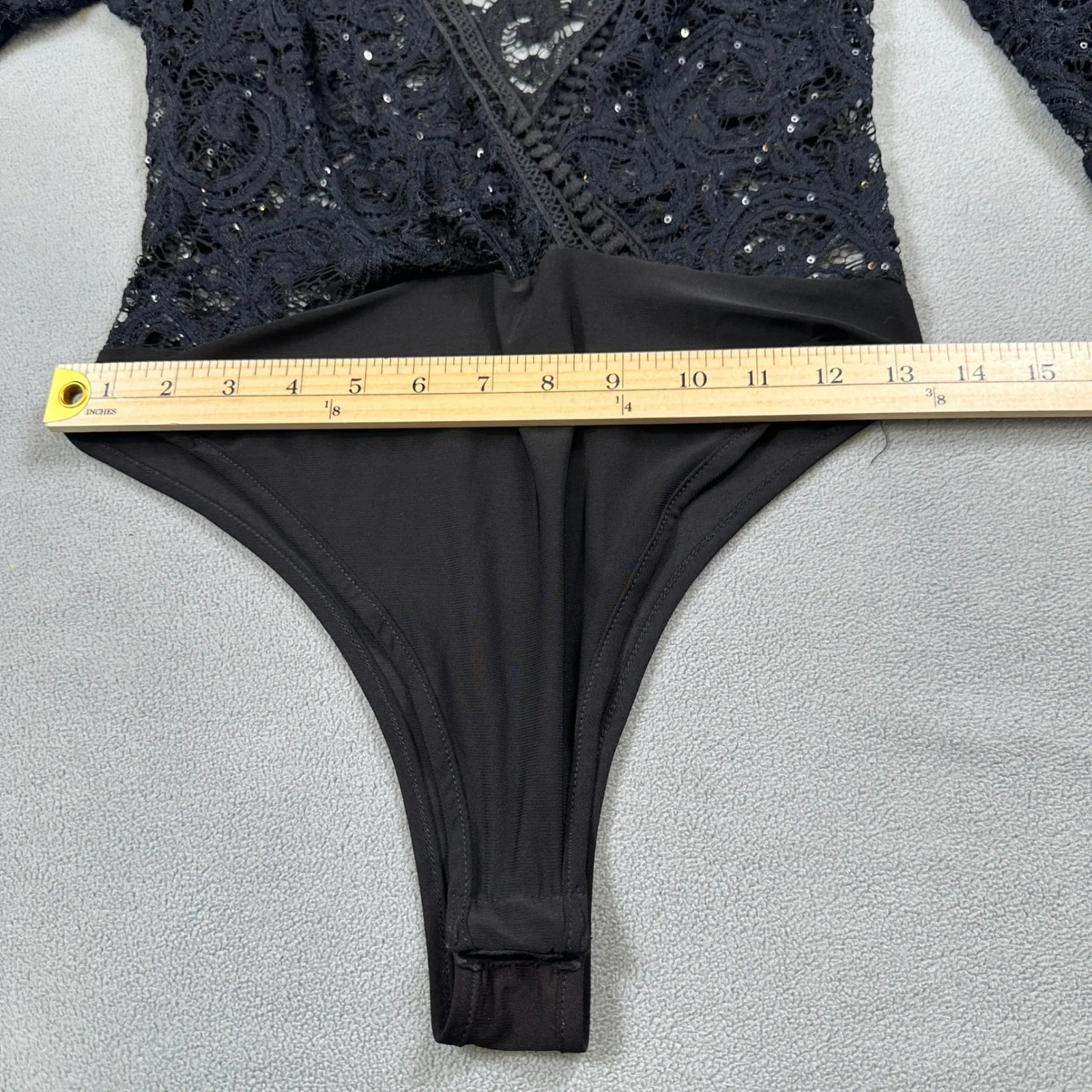 Olive Tree Lace Bodysuit S Black Long Sleeve Thong Deep V Neck Sequin Snap Bottom - Image 5