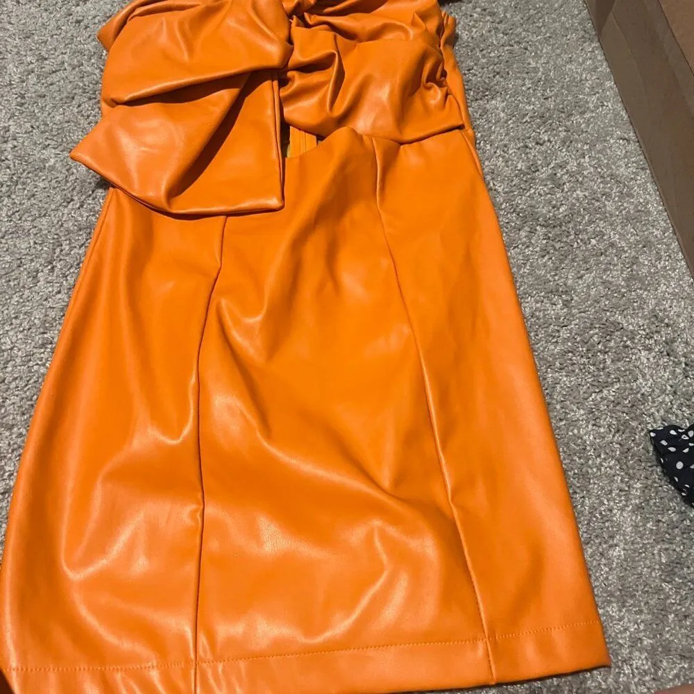 Glam orange Leather Bow Dress size small - Image 5