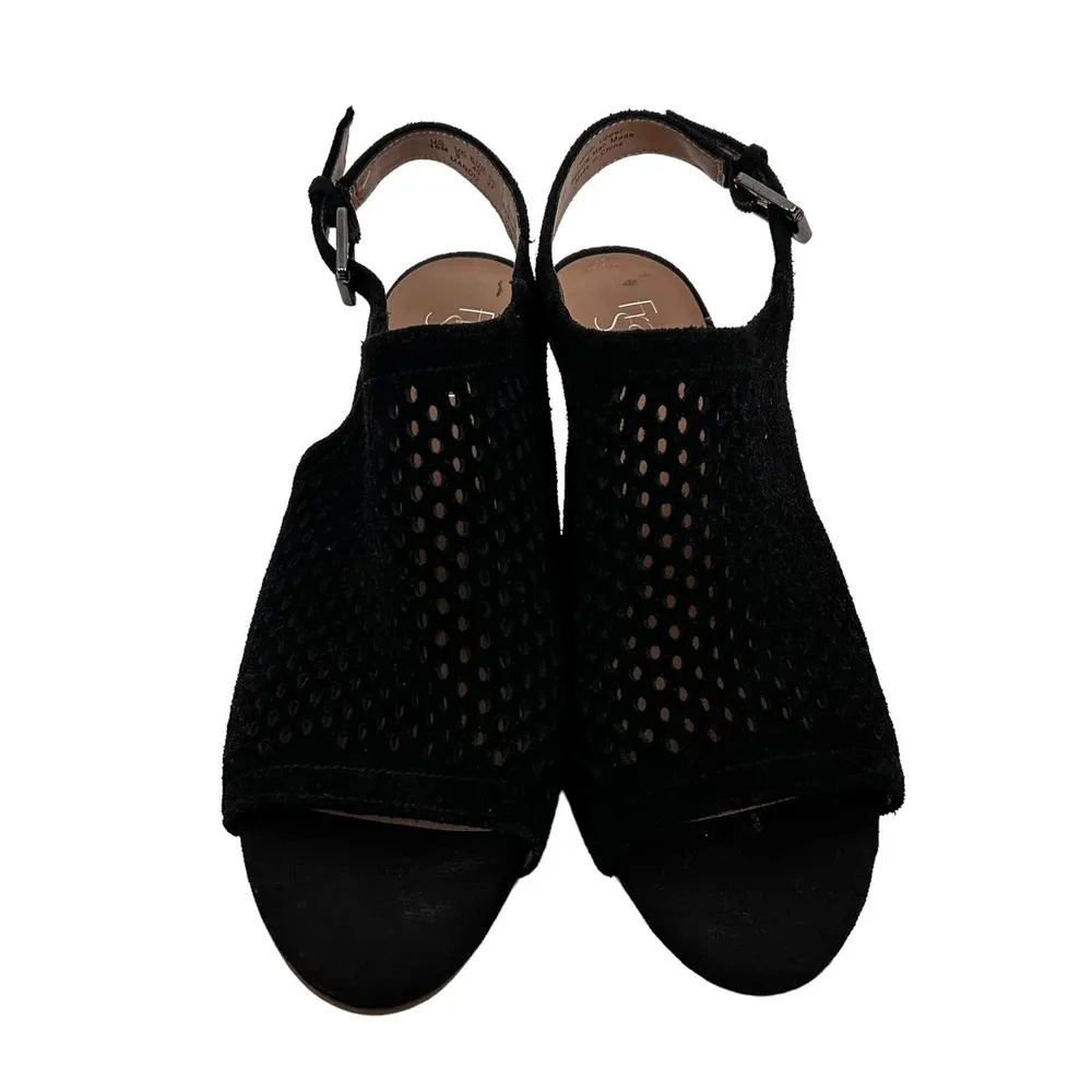 Franco Sarto Black Suede Perforated Peep Toe Slingback Heels Sz 10 - Image 2