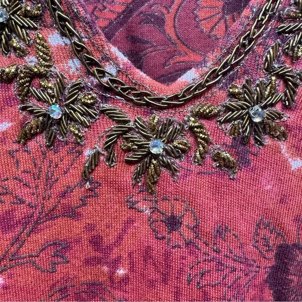 100% Cotton Rust Red Paisley & Floral Beaded 3/4 Sleeve Top M - Image 9