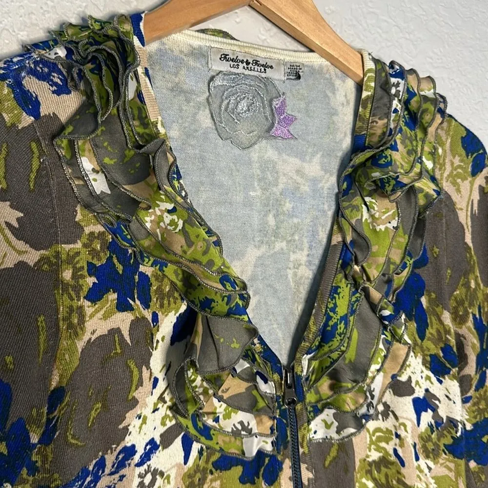 Vintage Green Camo Ruffle Full Zip Cardigan Twelve By Twelve LA Indie Artsy Boho Size M - Image 3