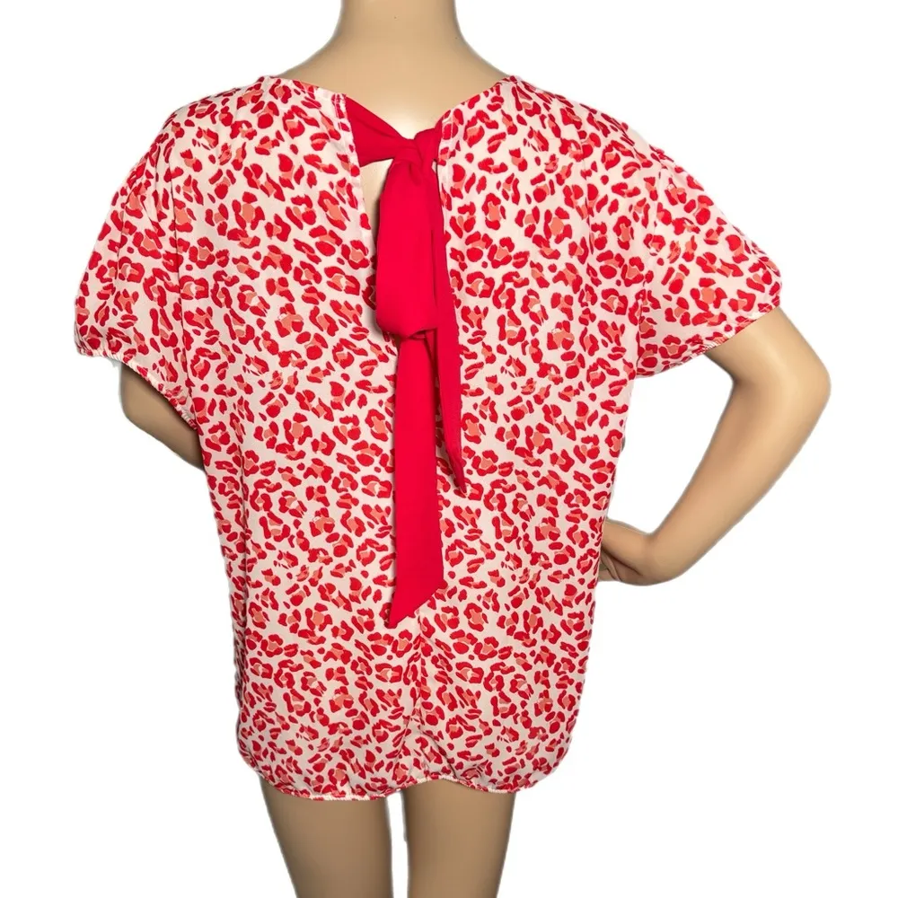 Sweet Pea NY & Co By Stacy Frati Red Animal Print Top Sz L Short Sleeve Sheer - Image 3