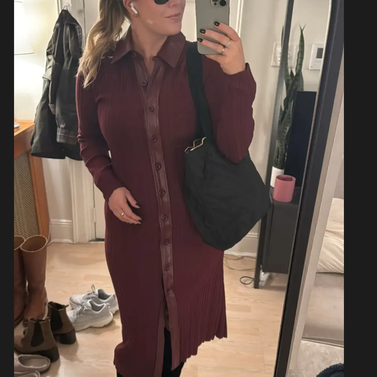 Toccin Burgundy Ribbed Knit Shirt Dress XS Midi Office Work Designer $525 Red - Image 9