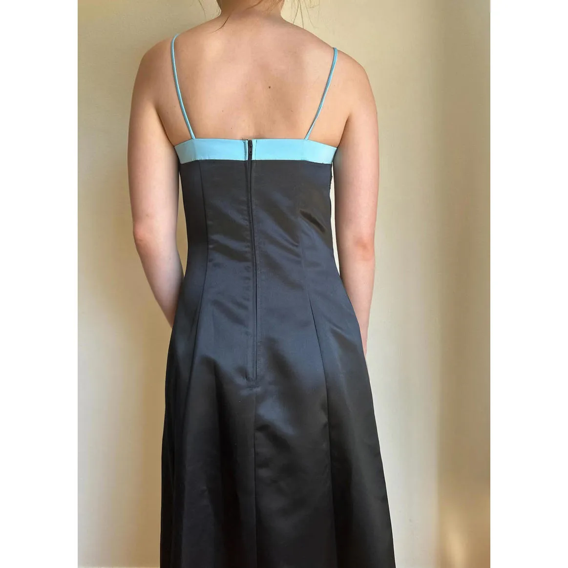 Black and Blue Floral Trim Ribbon Formal Ball Gown - Image 9