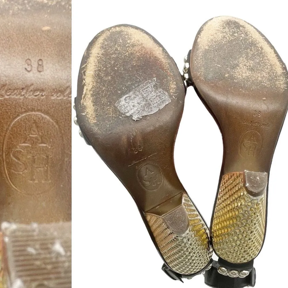 ASH Gold Studded Black Leather Ankle Cuff Heeled Strappy Sandals Size 38 | US 7 - Image 12