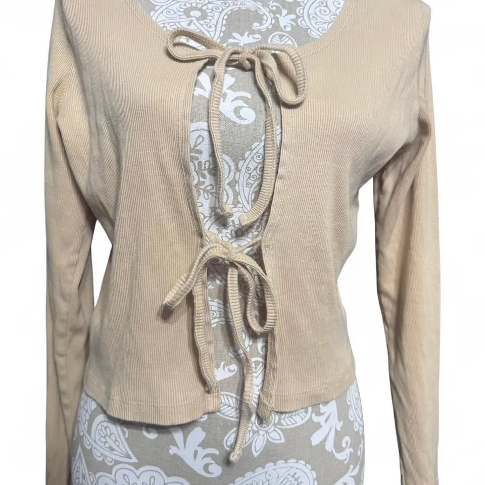 Urban Nation Tie Front Ribbed Tie Front Neutral Layering Cardigan Size Large Tan - Image 2