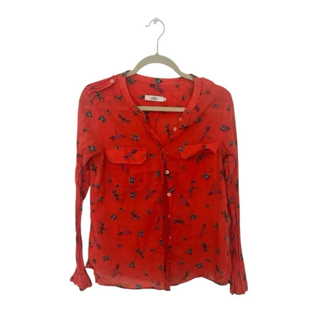 0039 Italy Women’s Orange Button Down Blouse Size M | Insect Print Long Sleeve Size M - Image 2