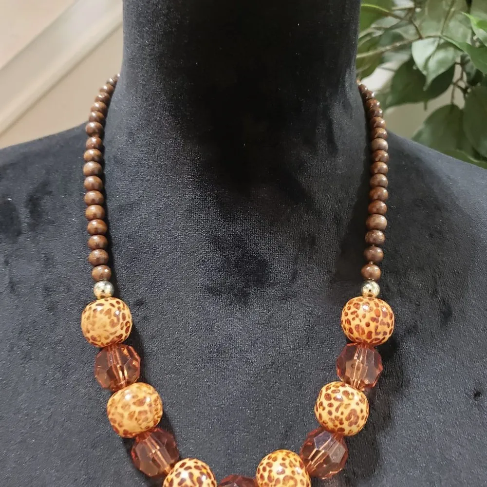 Womens Fashion Brown Clear Crystals, Wooden Beads, Leopard Print Beads Necklace - Image 2