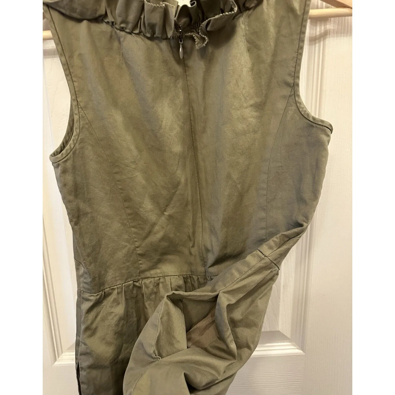 J Crew Olive‎ Green Brown Ruffle Womens Dress Size 0 XS 100% Cotton Pockets EUC - Image 4