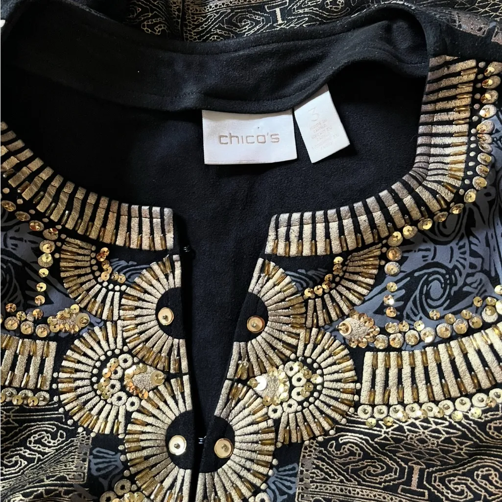 Chicos Gold & Black Mixed Media Embellishment Jacket Egyptian Pattern. Size XL - Image 2