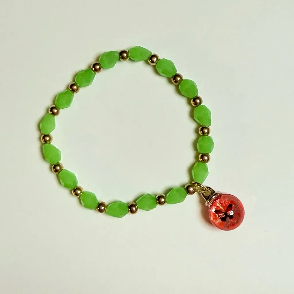 Green and Gold Beaded Bracelet with Butterfly Charm (Set H) - Image 3
