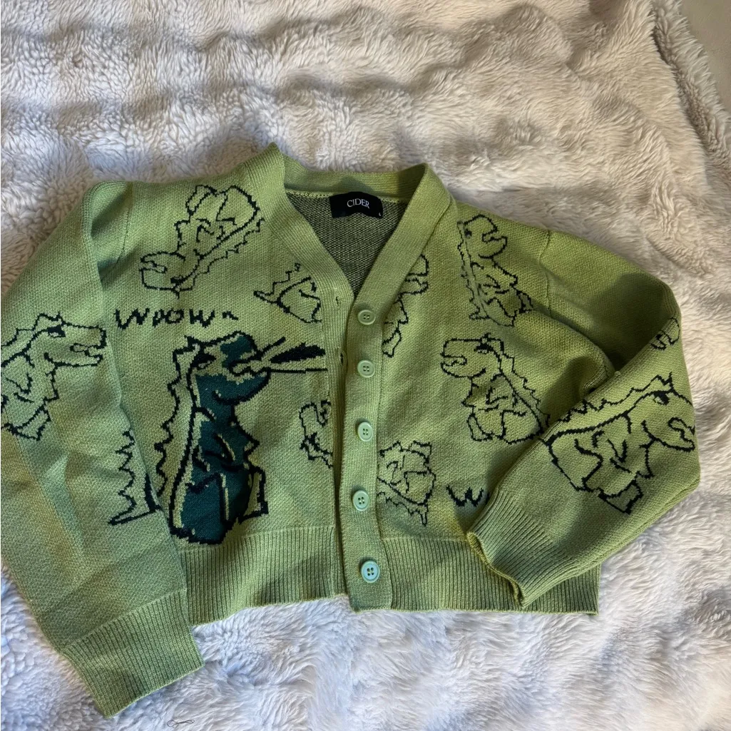 Cider Green Dinosaur Pattern Cardigan - Image 4