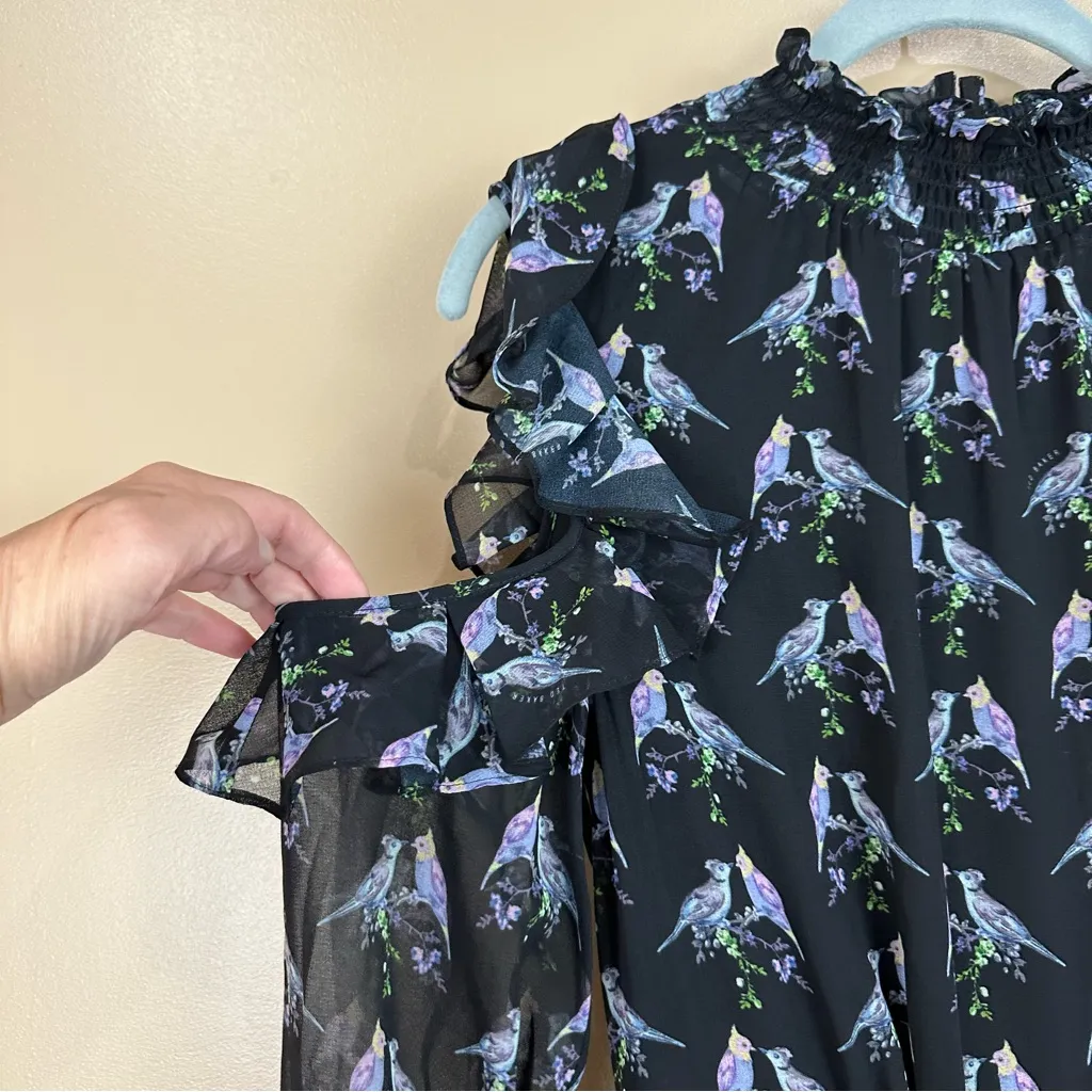 Ted Baker Hilania Love Birds Ruffle Chiffon Cold Shoulder Long Sleeve Dress 0 - Image 5
