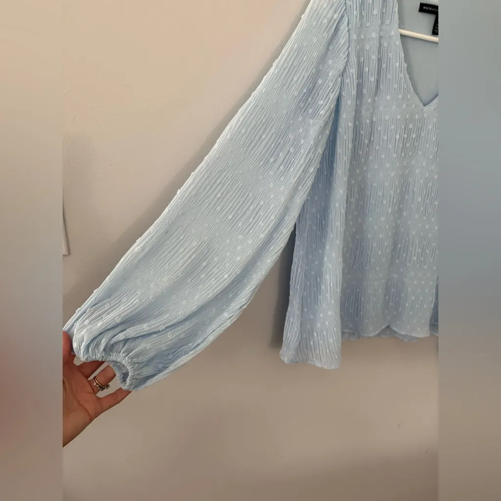 White House Black Market Light Blue Dot Poplin Sheer Lined Blouse Long Sleeve XS - Image 2
