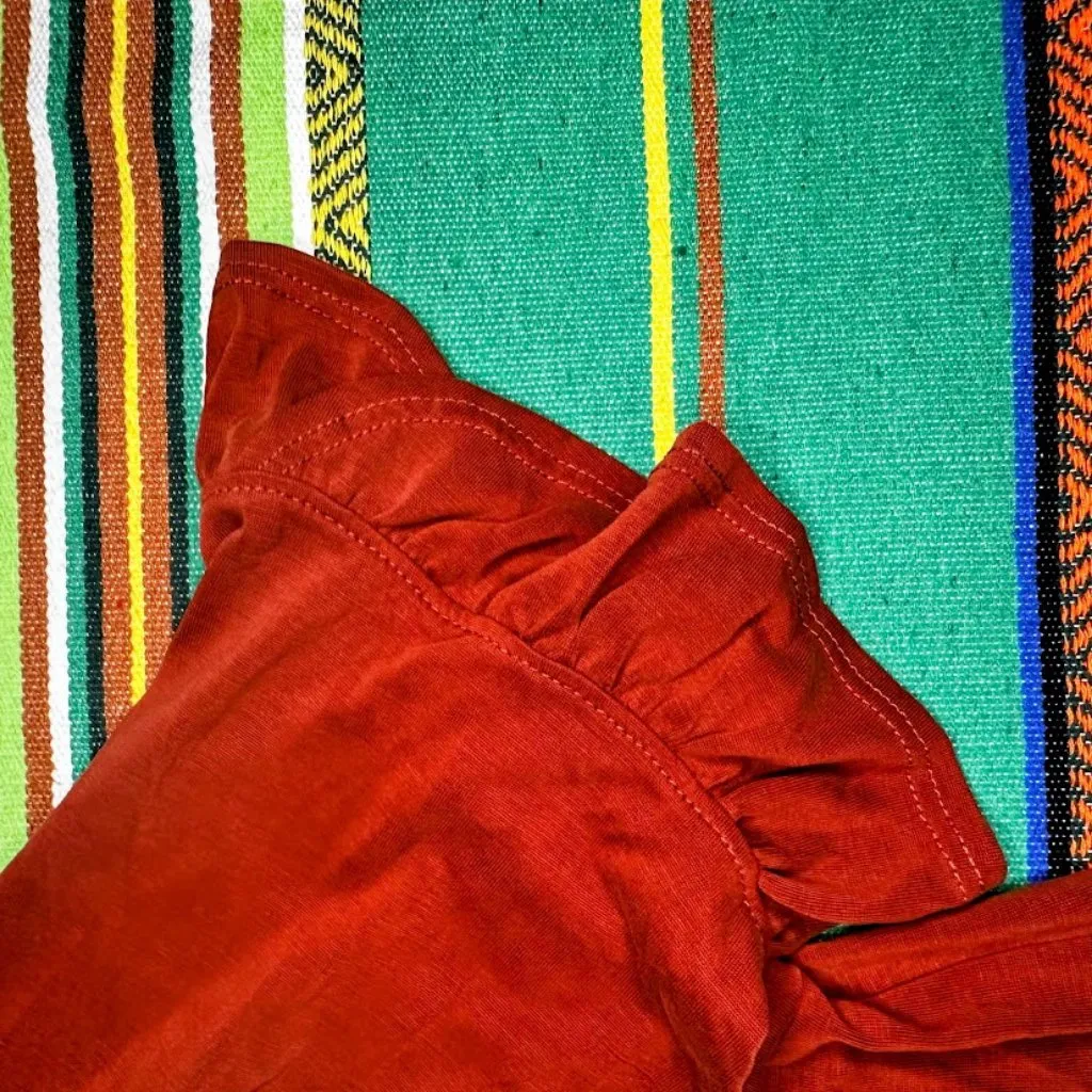 Green Envelope Button Down Flutter Short Sleeve Top in Rust red size small - Image 8