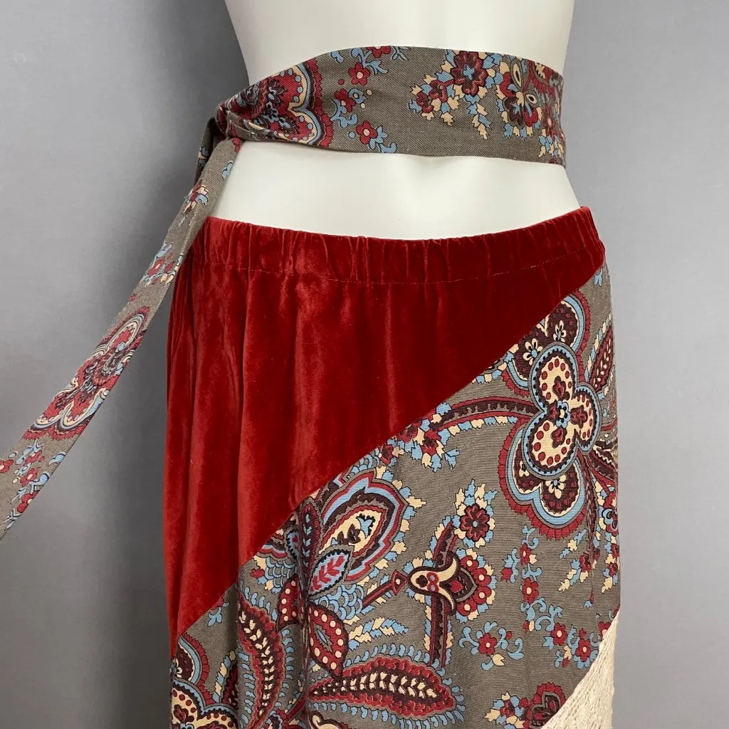 Vintage 70s Chessa Davis Patchwork Skirt Brown Lace Velvet Maxi Belt Hippie Boho - Image 4