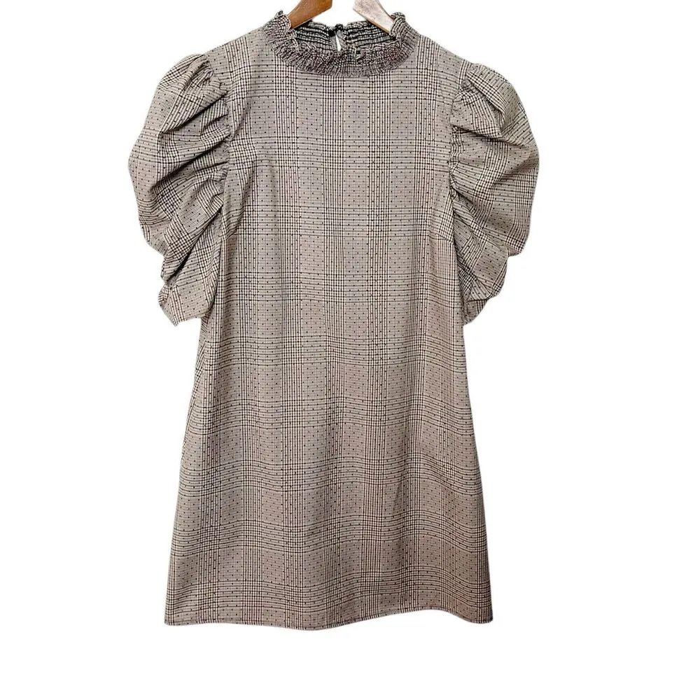 ZARA Plaid Puff-Sleeve Mini Dress Women’s Size M Smocked Neckline Brown Chic - Image 6