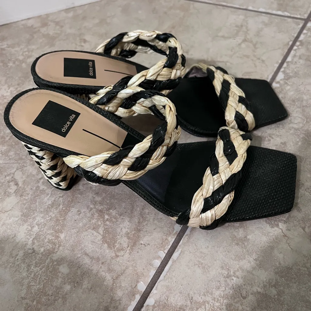 Dolce Vita Natural Raffia Woven High Heel Slide Sandals | Size 9.5 Black - Image 2