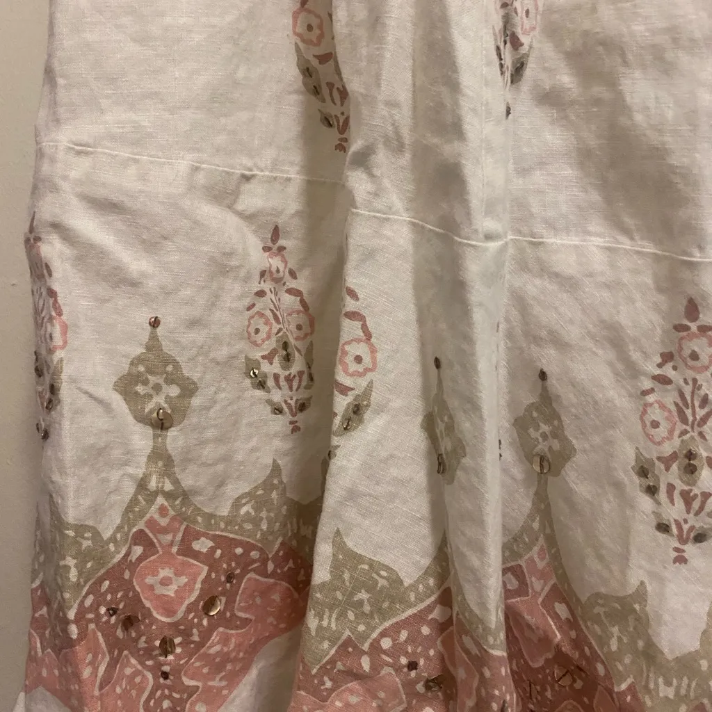 Karen Kane  Linen Maxi Skirt Size 8 White Pink Beige Boho Print Bottom Waist 30” - Image 3