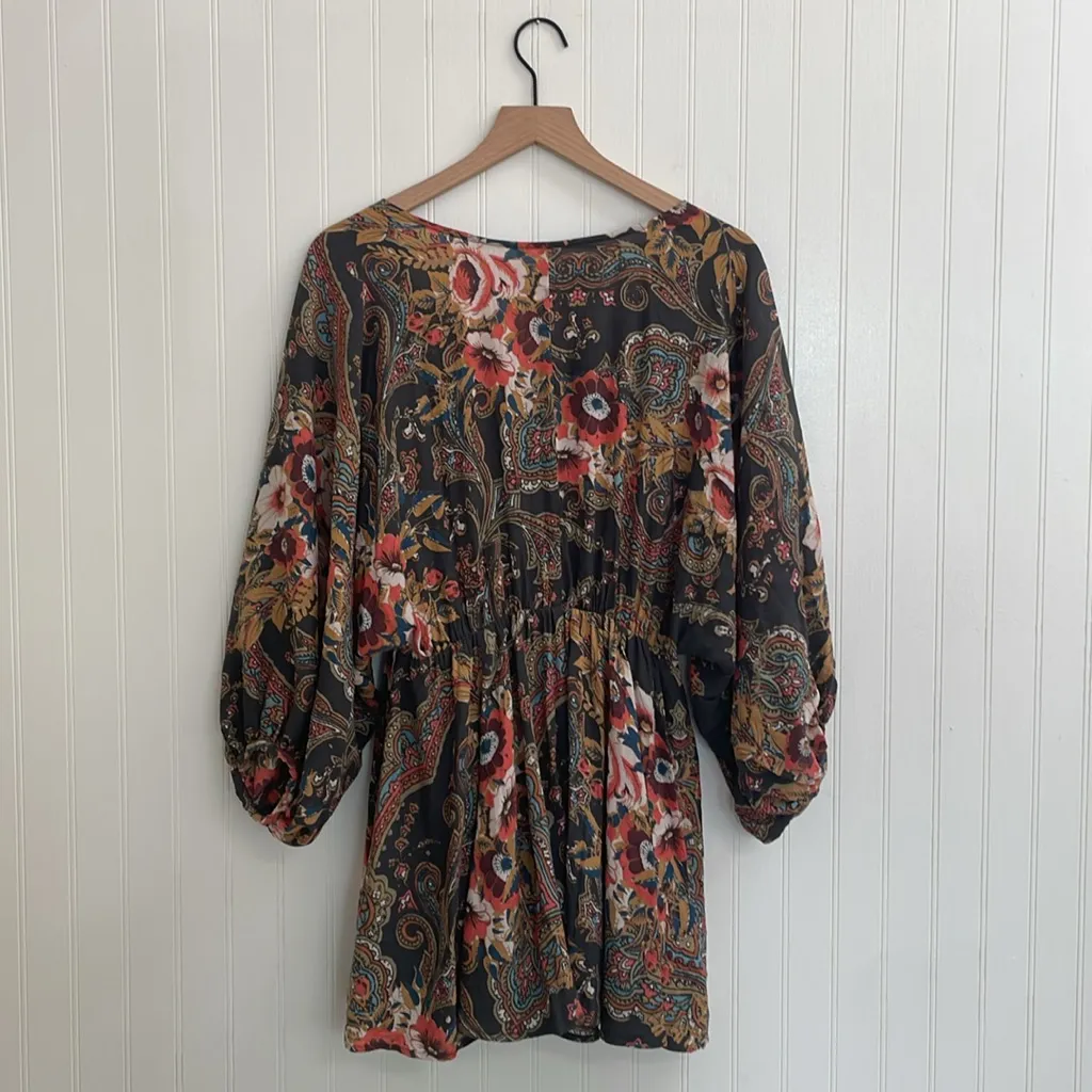 FREE PEOPLE High Plains Boho Mini Dress Black Paisley Floral Cottagecore Size XS - Image 4