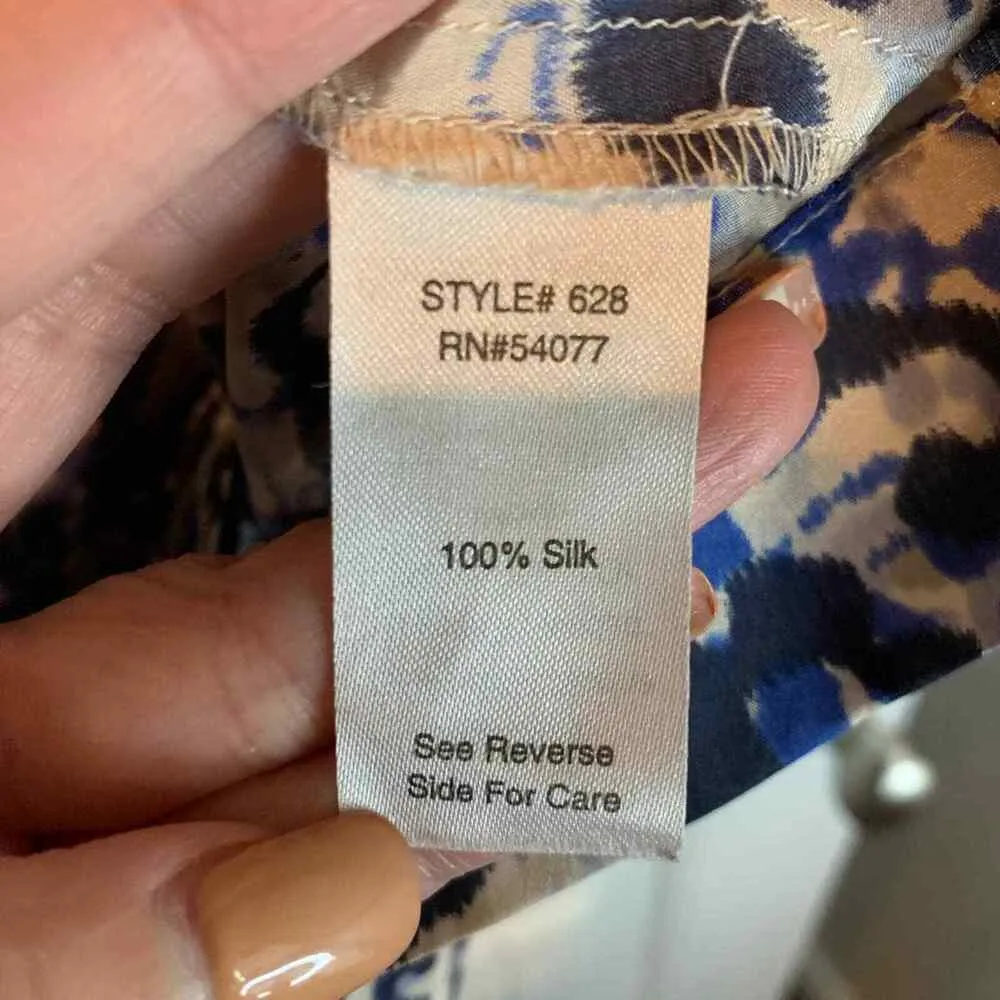 CAbi Sz S Top Blouse Silk Cascading Ruffle Blue Leopard Animal Print Sleeveless - Image 5