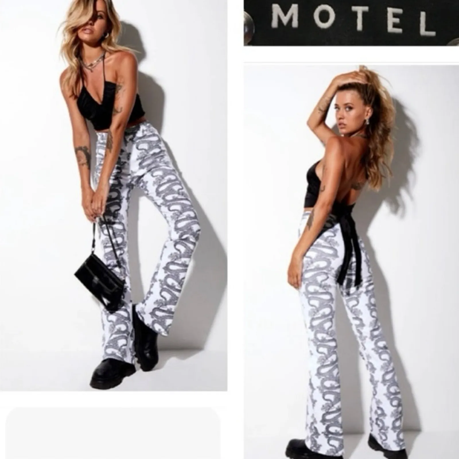 MOTEL Rocks Zoven Trousers Dragon Rope White High Waist 32" Inseam Size M - Image 14